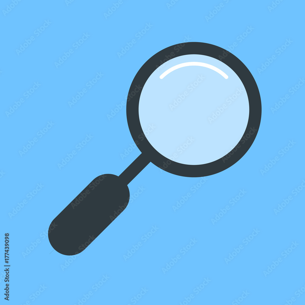 Poster flat simple magnifier isolated on blue background. black outline search icon in the cartoon style. v