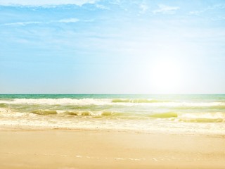 Landscape scene of beautiful tropical sea with clean beach and blue sky on sunny day. Concept for holiday and vacation.