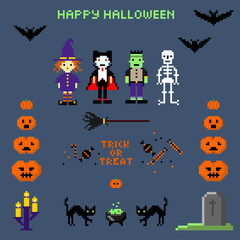 Halloween set in style of eight-bit game. Witch, Dracula, Frankenstein, skeleton. Pumpkin, bats and black cats and inscription happy Halloween, trick or treat. Vector illustration