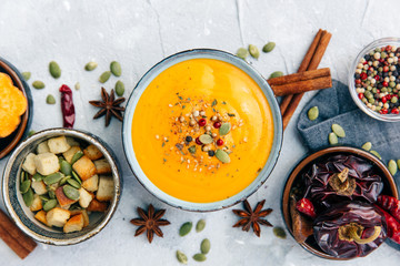 Soup with sweet potatoes, carrots, pumpkin. Flat lay, top view