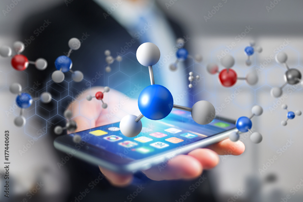 Poster 3d rendering molecule on a displayed on a medical interface