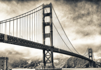 San Francisco Golden Gate Bridge on a foggy day from Fort Point