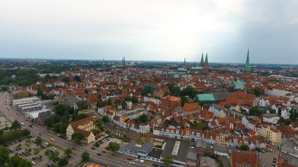 Fototapeta na wymiar Aerial view of Lubeck at sunset, Germany