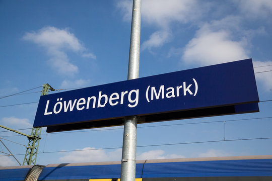 Löwenberg (Mark) railway station sign on the Berlin Northern Railway, Germany