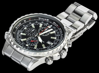Sport Electronic Chronograph With Black Dial And Stainless Steel Band Isolated On Black Background