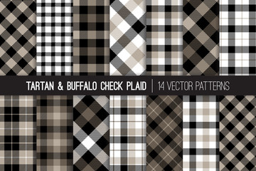 Tartan and Buffalo Check Plaid Vector Patterns. Gray, Black and White Flannel Shirt Fabric Textures. Hipster Fashion. Checkered Background. Pattern Tile Swatches Included. - obrazy, fototapety, plakaty