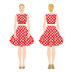 Vector illustration of woman in elegant red dress in new look style and shoes on high heel on white background. Various turns woman's figure. Front view and back view. Dress with polka dot pattern