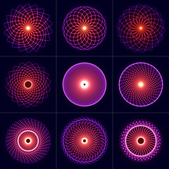 Neon glow symmetry elements set. Sacred Geometry. Circle of balance and harmony. Abstract psychedelic vector background.