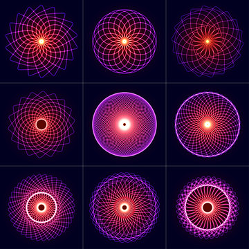 Neon glow symmetry elements set. Sacred Geometry. Circle of balance and harmony. Abstract psychedelic vector background.