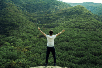 Obraz premium Portret młodego człowieka od tyłu przed liściastym zielonym lasem na wzgórzu góry. Przedstawiona osoba jest umieszczona na dużej skale, obserwując całą naturę przed sobą.
