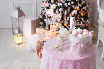 holiday christmas composition fir tree toys
sweets and marshmallow festive Background