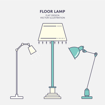 Set Of Modern Floor Lamp. Flat Stroke Design Vector Illustration