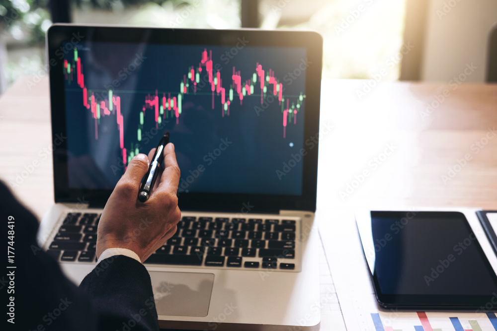 Poster business team investment working with computer and analysis graph stock market trading with stock ch
