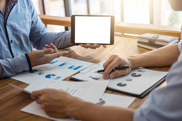 Two executive businessman colleagues consultation and conference new business strategy plan in workplace, professional occupation concept