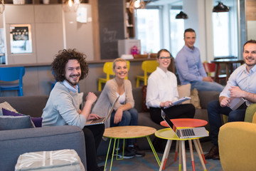 Startup Business Team At A Meeting at modern office building