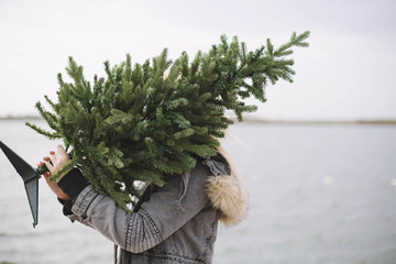 Young woman holding Christmas tree