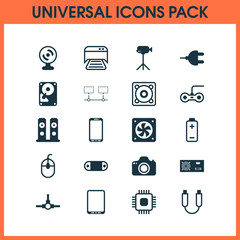 Computer Icons Set. Collection Of Control Device, Smartphone, Camera And Other Elements. Also Includes Symbols Such As Cursor, Generator, Tablet.