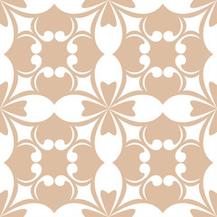White floral ornament on beige background. Seamless pattern