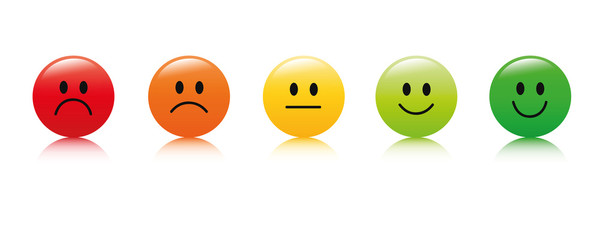 fünf runde bewertungs smileys rot gelb grün
