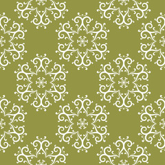 White floral seamless pattern on olive green background