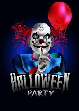 scary clown with a balloon halloween party flyer