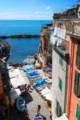 Fototapeta na wymiar Riomaggiore, Italy - The small port view from above.