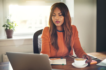 Focused young woman hard at work in her home office