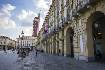 Monuments of the Piazza Castello, one of the main city squares in Turin, Italy