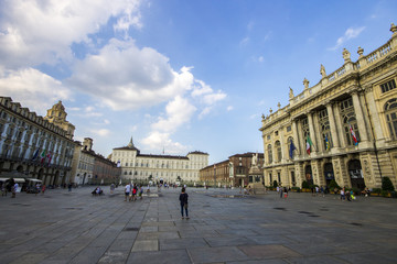 Fototapeta na wymiar Monuments of the Piazza Castello, one of the main city squares in Turin, Italy