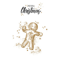 Christmas card with hand drawn doodle golden christmas gingerbread man and glitter. Isolated on white. Hand made quote 