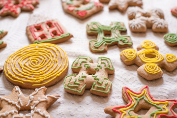 Christmas Gingerbread cookies on the table with Background
