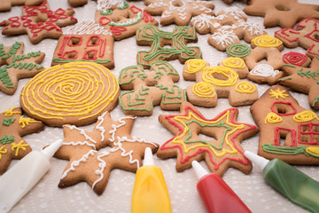 Christmas Gingerbread cookies on the table with Background