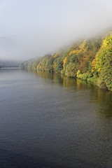 Fototapeta premium foggy river landscape and forest in autumn colors