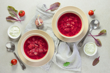 Vegetarian diet beetroot and tomato soup served with light greek yogurt