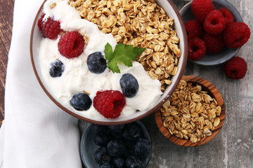 Bowl of homemade granola with yogurt and fresh berries