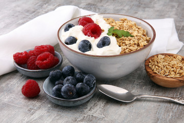 Bowl of homemade granola with yogurt and fresh berries
