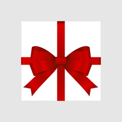 Vector White Square Gift Box with Shiny Red Satin Bow Isolated on Background
