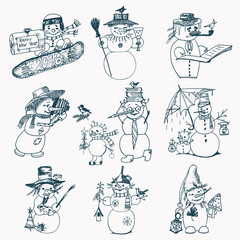 Obraz premium Set of winter holidays snowman in different costumes. photographer and artist with gifts. engraved hand drawn in old sketch and vintage style for label and postcards. Christmas or New Year decorations
