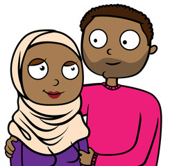 Cartoon vector illustration of happy muslim immigrant couple in love