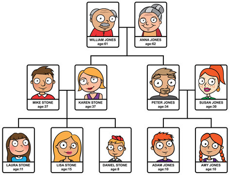 Cartoon vector illustration of family tree with names and age info