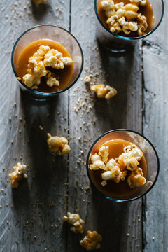 Chocolate Mousse With Salted Caramel Sauce And Toffee Popcorn.