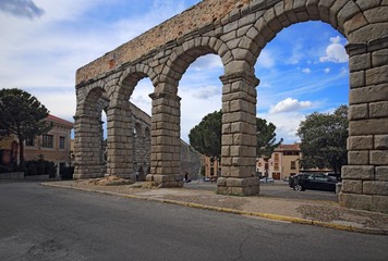 Fototapeta na wymiar Segovia, Spain. View at Plaza del Azoguejo and the ancient Roman aqueduct