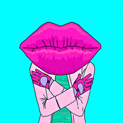 Pink Lady lips. Lipstick. Concept cosmetics. Modern fashion art collage