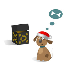 Cute dog in red santa hat dreams of a bone. A box with a Christmas present. Chinese new year of the dog
