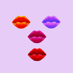 Fashion Concept  Lady and Lipstick. Multicolored lips. Modern minimal art.