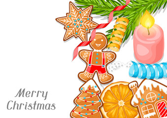 Merry Christmas greeting card with various gingerbreads