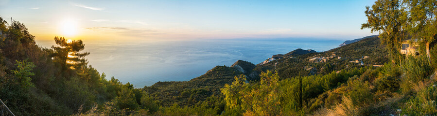 Fototapeta na wymiar Panoramic view at Lefkada sea and mountains in suset
