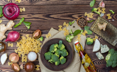 Organic healthy food on wooden background