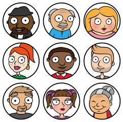 Cartoon vector design illustration of people face icons, different ethnicity friends, diversity concept