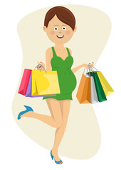 Young happy pregnant woman running with shopping bags